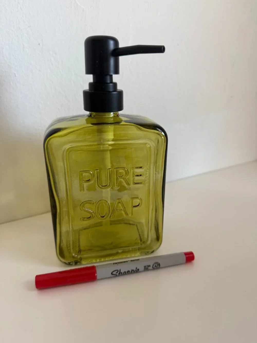 NWT Ophelia & Co Green Amber Glass Soap Dispenser Pump Birch Lane PURE SOAP